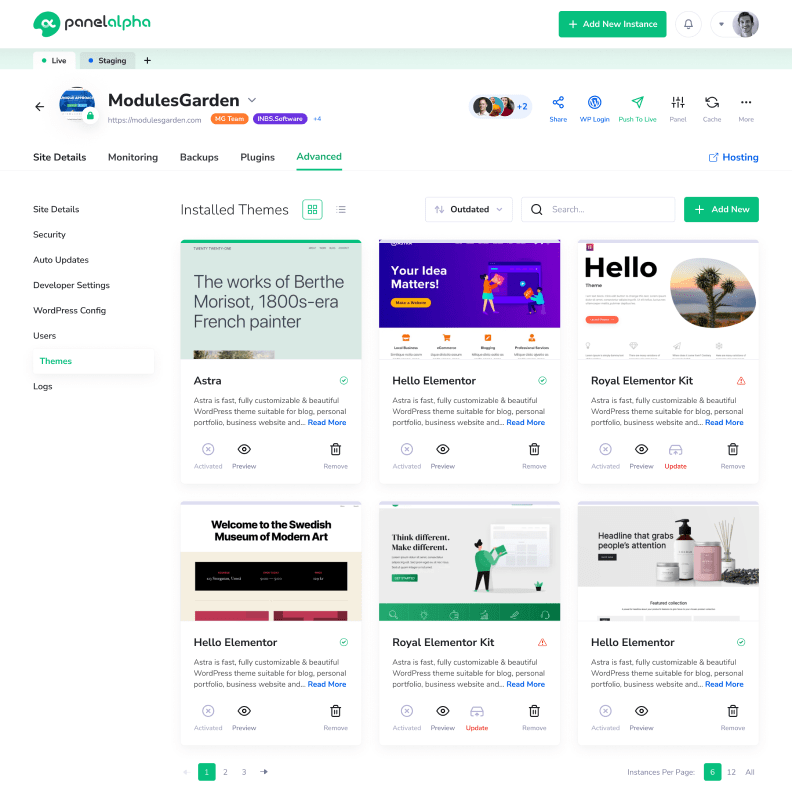 Quick Plugins & Themes Access - PanelAlpha WordPress Instances Management - Screenshot 1