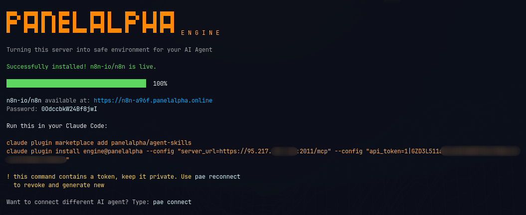 Installer finished: the address and password of the deployed application, then the Claude Code command